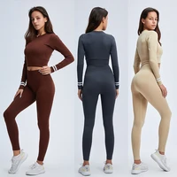 seamless yoga set women workout sportswear solid gym clothing fitness long sleeve crop top high waist leggings sports suits