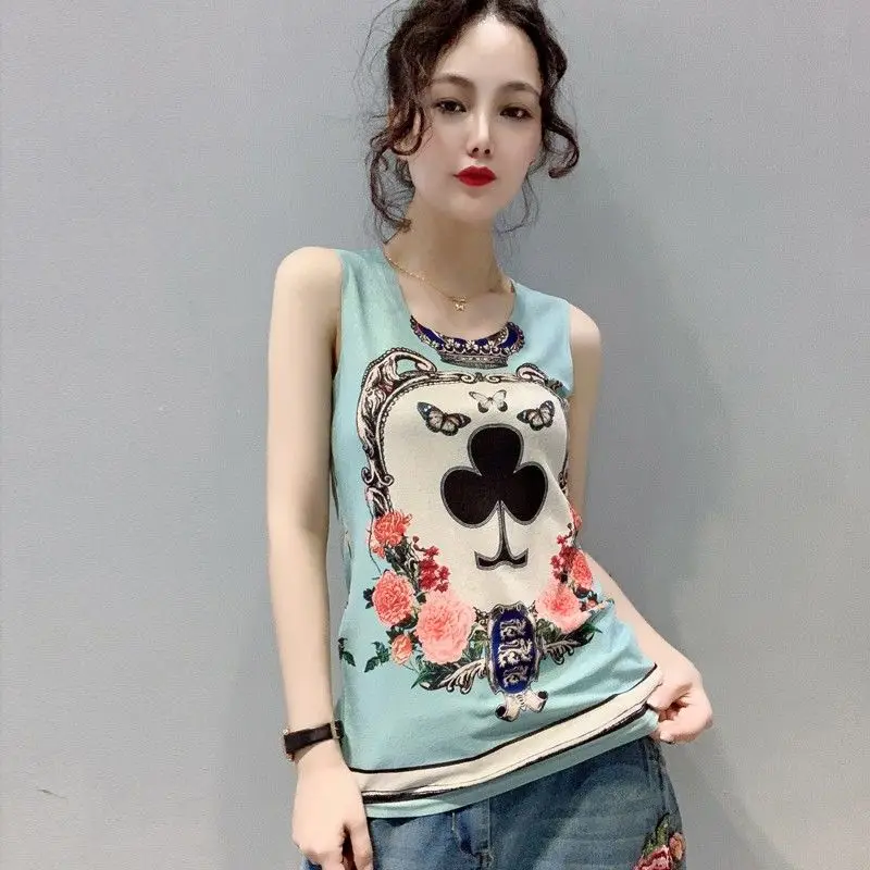 

2021 spring and summer new fashion short printed vest sleeveless bottoming shirt T-shirt women's color top