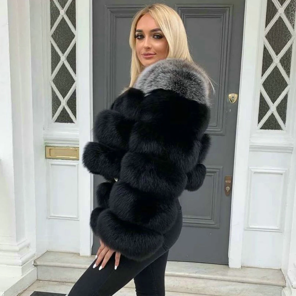 Fashion Women Real Fox Fur Coat Round Collar Color Patchwork Whole Skin Genuine Fox Fur Jacket Female Trendy Fur Overcoat Luxury