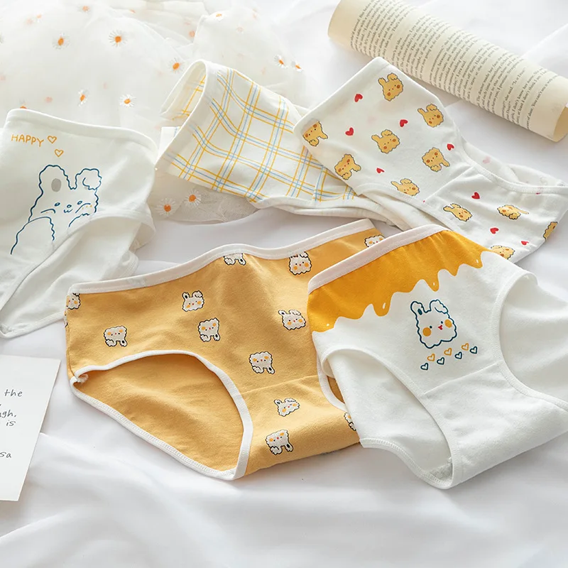 

6pcs/set Teenage Underwear Soft Girl's Cute Cartoon Sweet Rabbit Printing Pure Cotton Triangle Pants Kid's Middle Waist Briefs