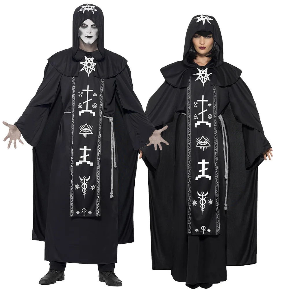 

Wizard Horror Grim Reaper Costume Women Men Monk Cloak Robe Priest Witch Dress Skeleton Zombie Halloween Purim Party Fancy
