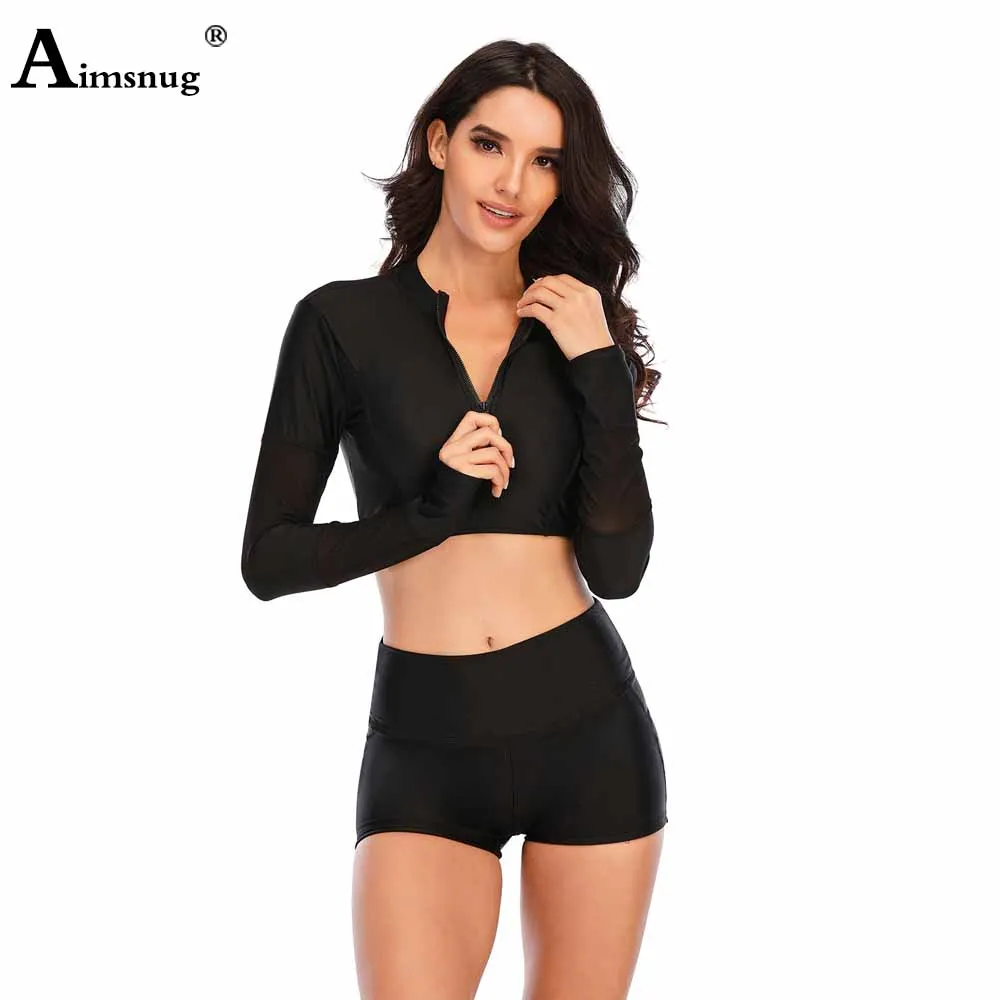 

Женские комплекты бикини, Модный Купальник на молнии, женский купальник из двух частей, короткий топ с длинным рукавом, 2021 сексуальные прозрачные купальные костюмы