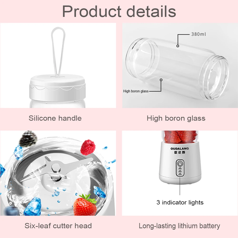 

6 Blades Portable Blender Juicer Cup Fruit Shakes Smoothie Mixer with 2600mAh Rechargeable Battery for Home Office Travelling