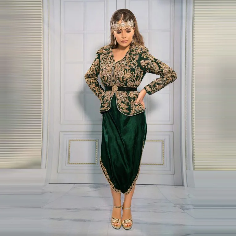

Green V Neck Short Algerian Karakou Evening Dresses Custom Made Full Sleeves Gold Applique Women Foemal Party Gown Prom Dress