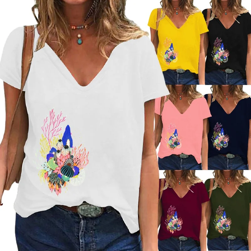 

Женская футболка с коротким рукавом, V-образным вырезом и принтом