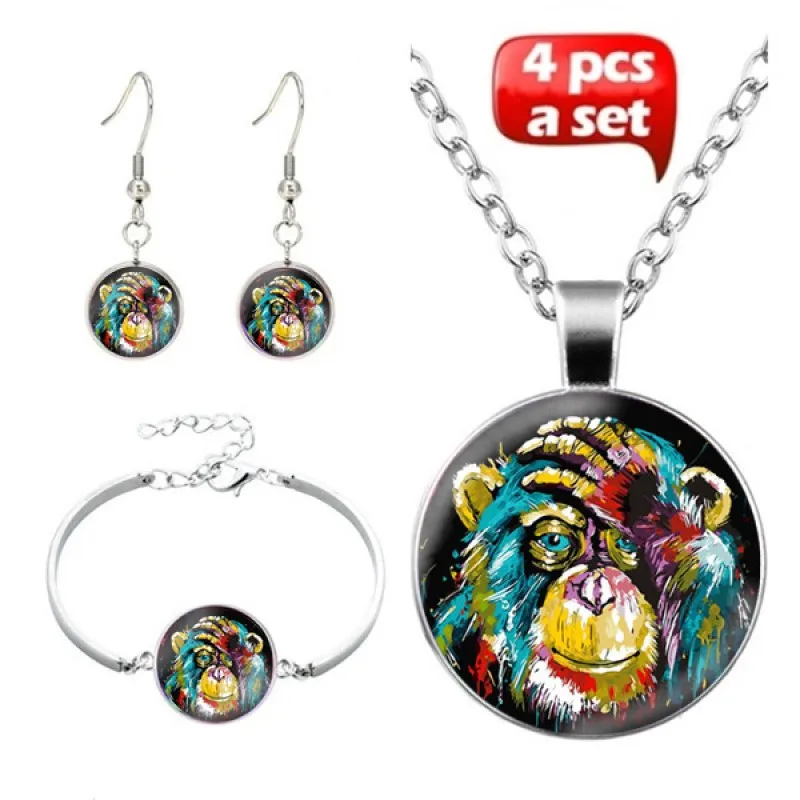 

4 Pcs/Set Glass Cabochon Necklace Earrings Bangle Colorful Kinkong Monkey Art Picture Pendant Statement Chain For Women Jewelry