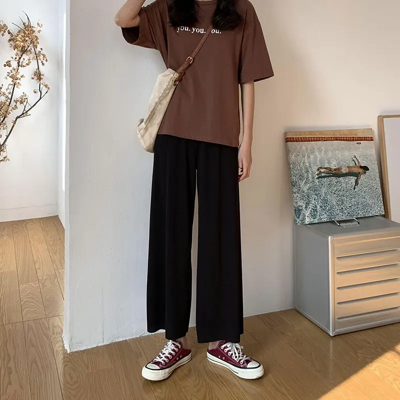 

Knitted Wide-Leg Pants for Women Spring and Autumn High Waist Drooping Black Slimming Versatile 2021 New Small Cropped Straight