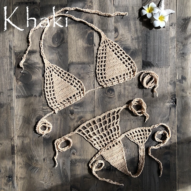 khaki Ручная работа, вязанное крючком микро бикини, стринги, пляжные микро купальники, сексуальное нижнее белье, наборы, горячая Распродажа - Цвет: khaki