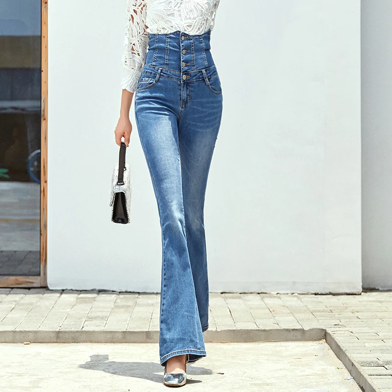Free Shipping 2021 New Fashion Long Jeans Pants For Women Flare Trousers 25-30 Size Denim Summer Stretch Skynni Jeans High Waist