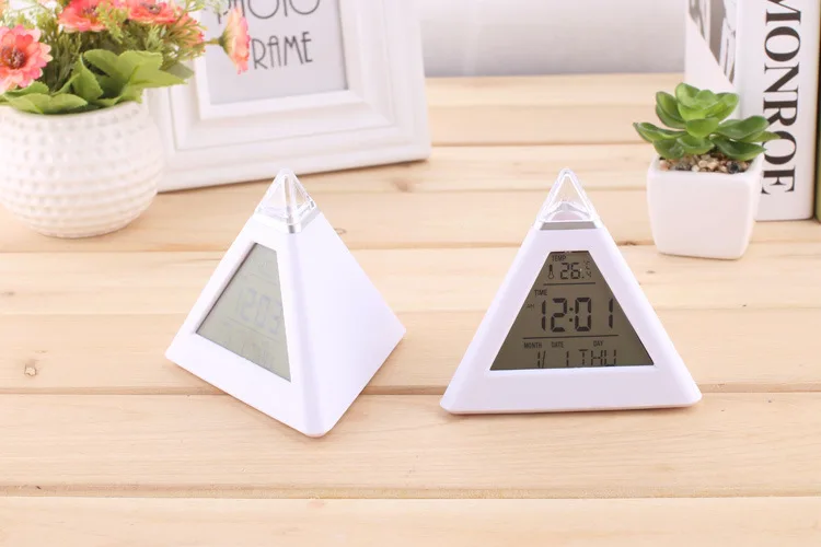 Triangle white seven-color alarm clock LED discolored creative fashion lazy decompression | Дом и сад