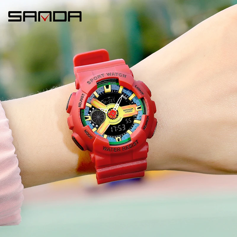 SANDA Fashion Sports Watches Women Digital Watch Waterproof Dual Display Date Week Quartz Female Wristwatch Relogio Feminino