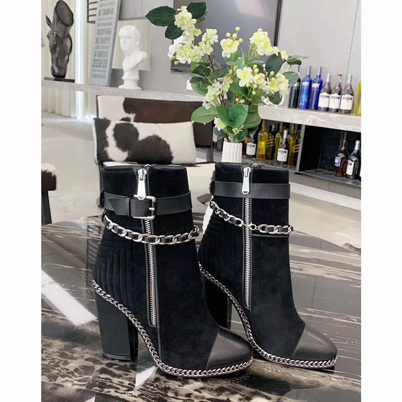 Женские замшевые ботильоны на высоком каблуке с цепочкой платформе 2019|Женские