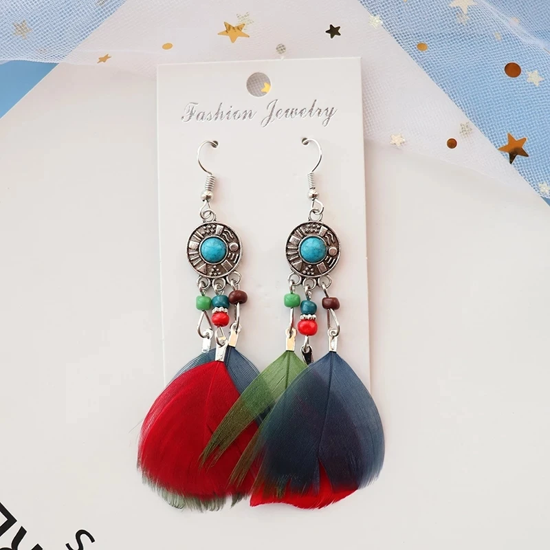 Винтажный этнический богемный висячие серьги с листьями и перьями белые