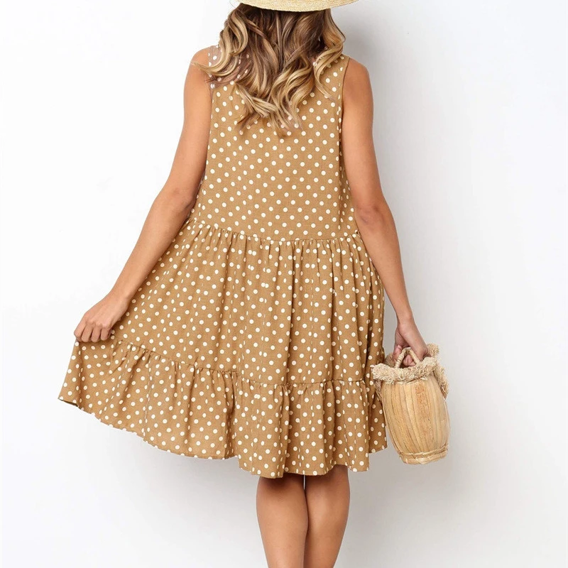 

Women Fashion Polka Dot Printed Dress Ladies Casual Sleeveless Loose Round Neck Dress Women Ruffles High Waist Summer Dress