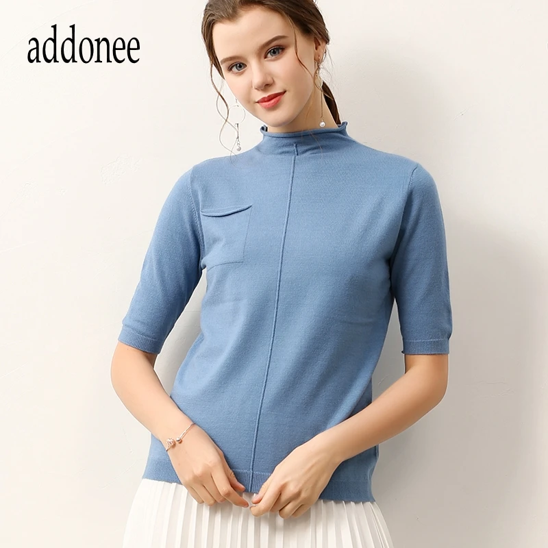 addonee Spring Summer 2019 High Elastic Knit O-Neck Women's Half-Sleeve Ice Silk Linen Slim Sweater | Женская одежда