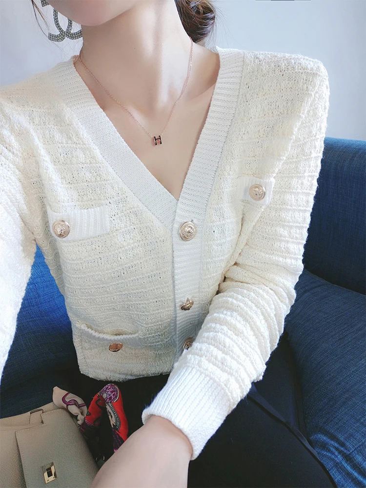 

Shangweiluo autumn new style small fragrance knitwear Crocheted long sleeve women's top loose sweater with cardigan coat