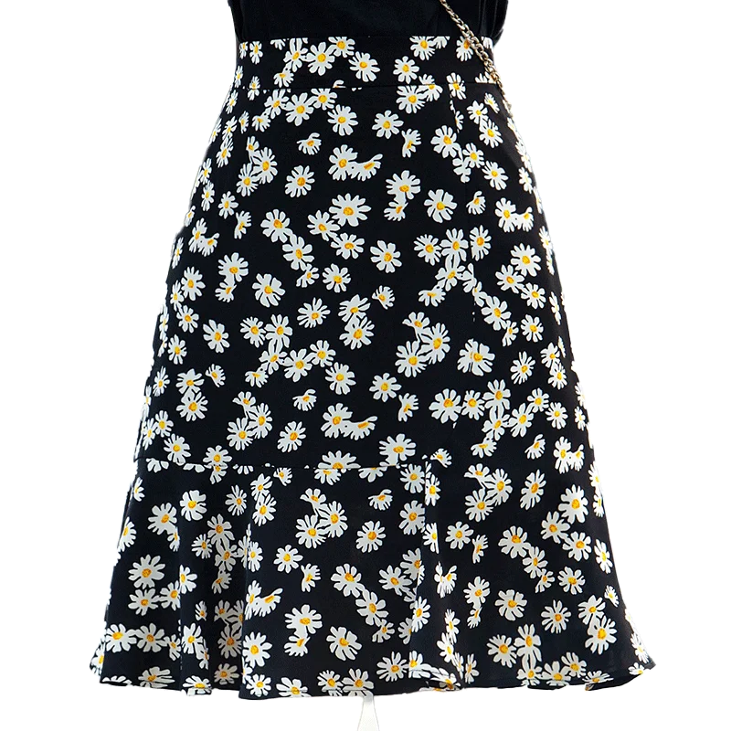 

Customize Women Summer Fashion Casual Plus Size 3XS-10XL High Waist Retro Vintage Daisy Floral Print Knee Length A Line Skirt