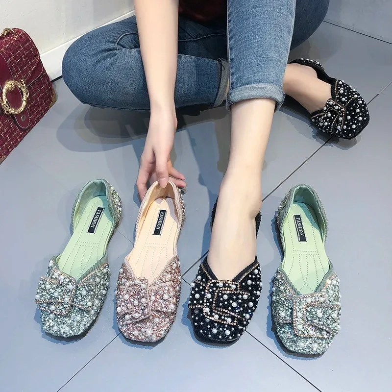 

Black Square Toe Pearl Loafers Flats Women Rhinestone Flat Shoes Girls Nice Shoes Slides Big Size 43 44 Woman Glitter Moccasins