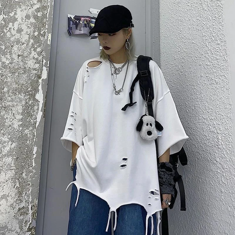 

Ripped Hole Basic Women T Shirts Summer Fashion Trend Personality All-match Student Korean Loose Short Sleeve Top Tee Streetwear