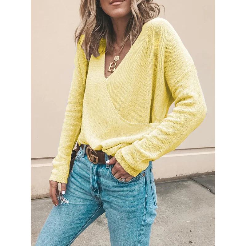 

Women's Long Sleeve Knitted Top, Sexy Deep V-neck Solid Kint Shirt, Casual Cloth for Spring and Autumn