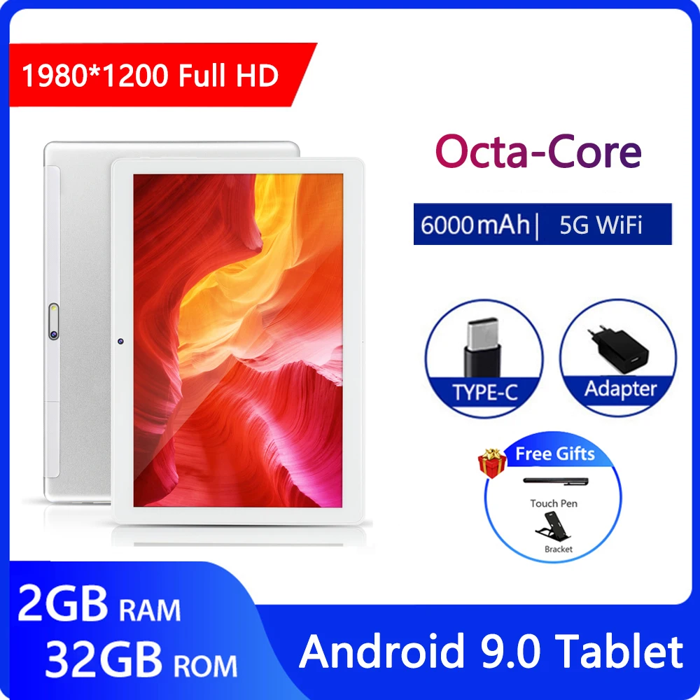 

ZONKO Tablets 10 inch Android 9.0 5G WiFi Table PC Octa Core 1920x1200 2GB RAM 32GB ROM 6000mAh Tablet Dual Camera GPS Type-C