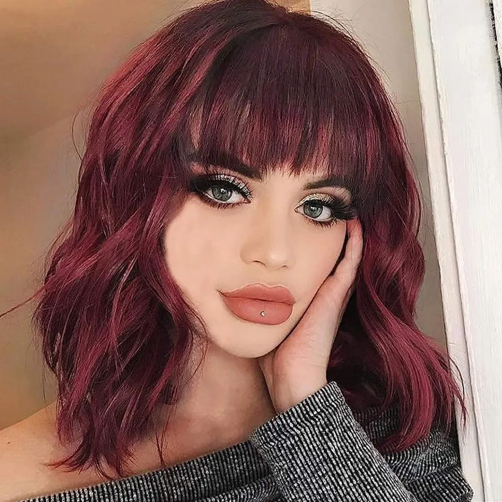 

Short Wavy Bob Wigs With Bangs 99J Red Colored Remy Human Hair Wigs For Black Women Glueless Brazilian Full Machine Made Wigs
