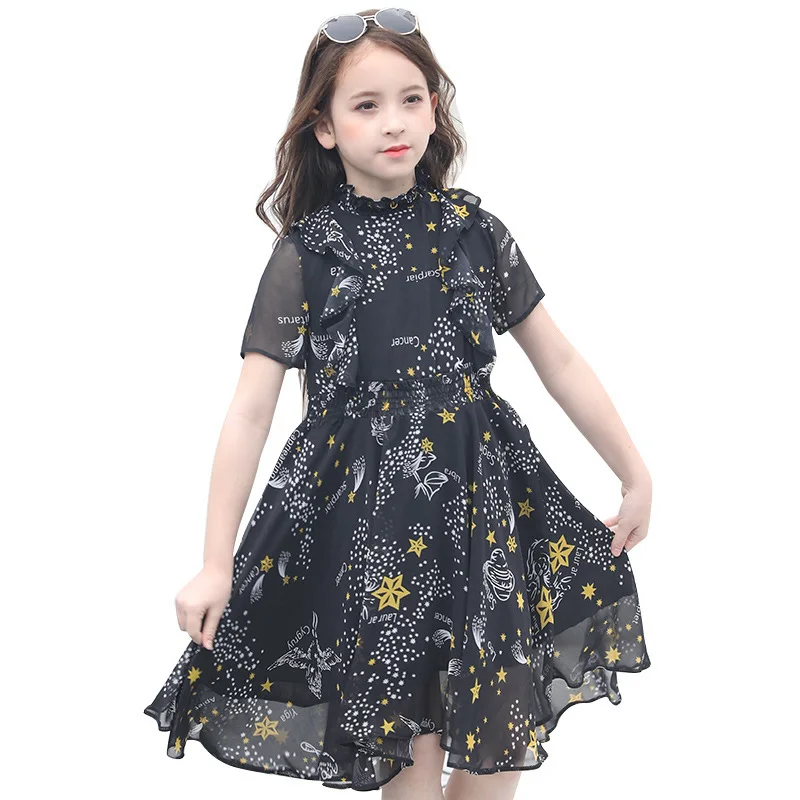 Милое черное платье с принтом Звездная Вселенная для детей повседневная одежда