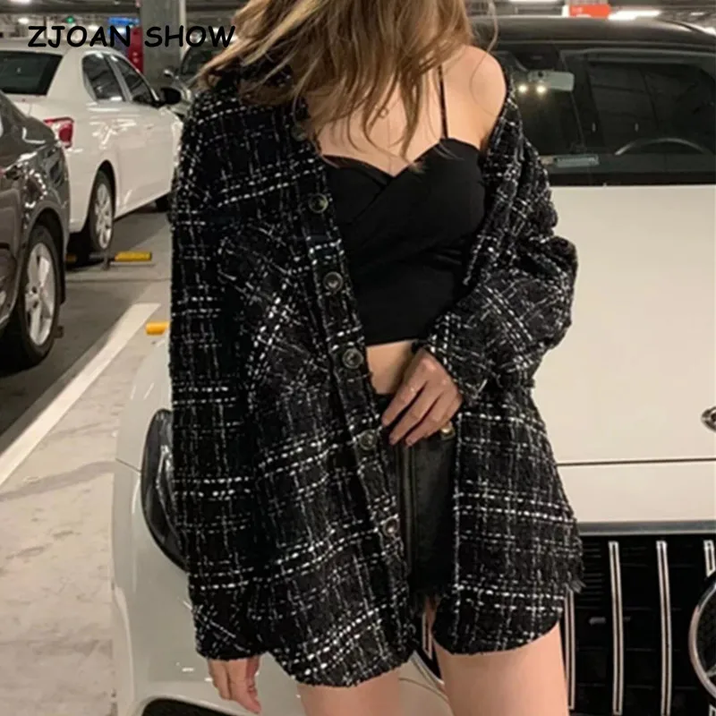 

2021 Retro Black Square Plaid Woolen Shirt Jackets Women Fashion Double Pockets Turn-down Collar Girls Oversize Coat Streetwear