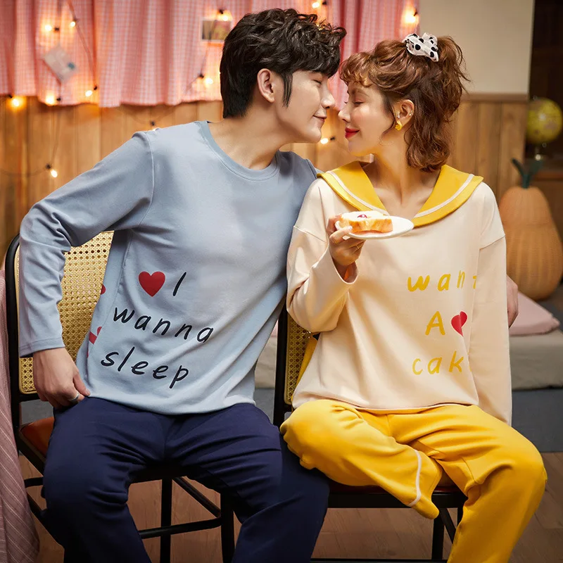 

Autumn Pajamas Suit Nightwear Nightgown Print Letter Sleepwear Sleep Set Lovers Cotton Intimate Lingerie 2PCS Top&Pants Homewear