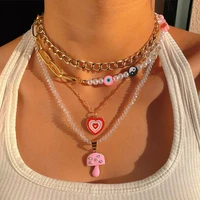 pink dripping oil heart beaded necklace for women evil eye asymmetric pearl choker boho multilayer necklaces y2k party jewelry