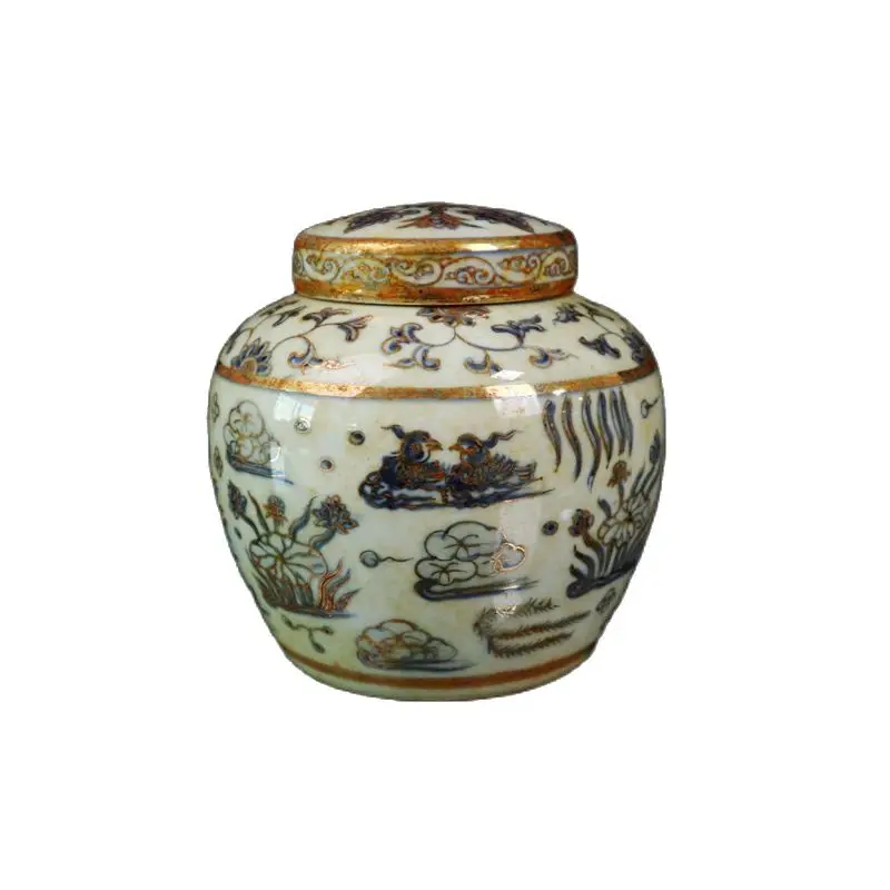 

Antique Ming Dynasty Chenghua year made porcelain home furnishings with gold blue and white mandarin duck pattern