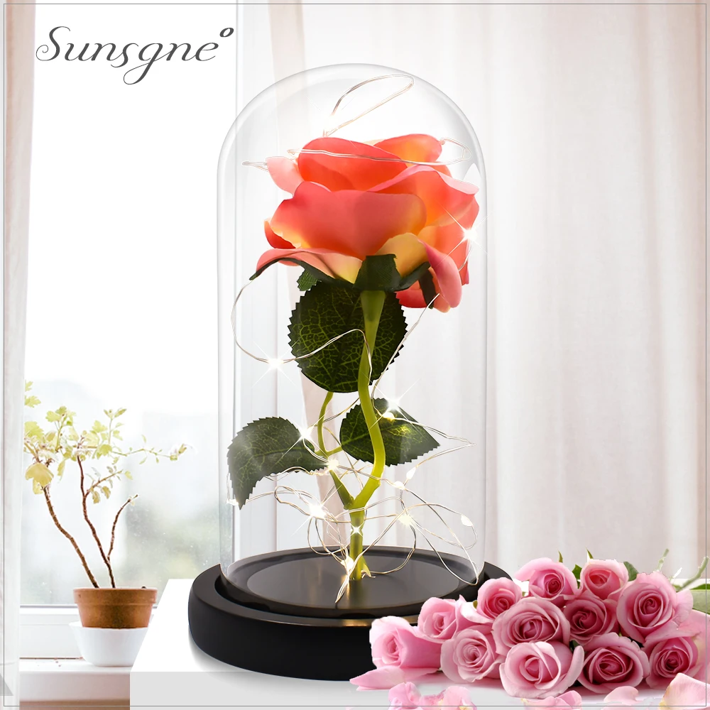 

Birthday Souvenir Gifts Immortal Rose Flower Silk Rose Flower with LED Glass Box Home Decorative Gifts