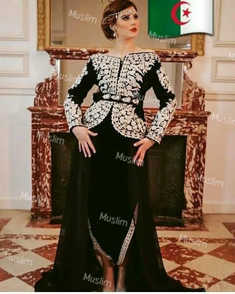 

Elegant Black Karakou Algeria Evening Dresses 2021 With Overskirt Train Long Sleeve Prom Dress With Appliques Arabic Formal Gown