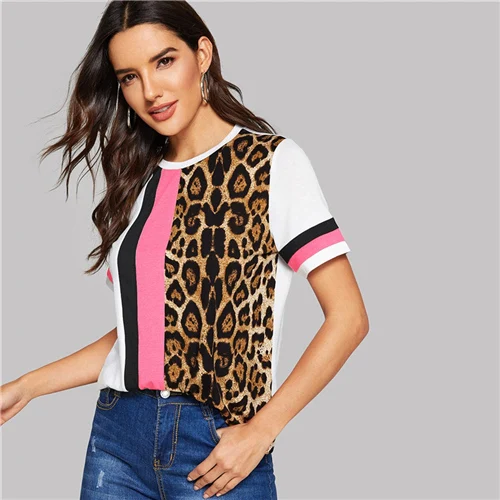 Multicolor5 SHEIN Color Block Cut-and-Sew Leopard Panel Top Short Sleeve O-Neck Casual T Shirt Women Summer Leisure Ladies Tshirt Tops - Цвет: Multicolor5