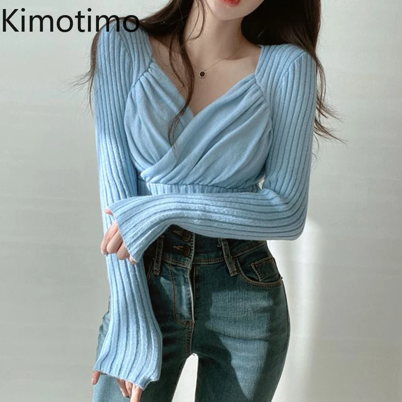 

Kimotimo Autumn Winter Design Sweater Women V Neck Waist Long-sleeved Bottoming Pullover Korean Chic Temperament Solid Crop Top
