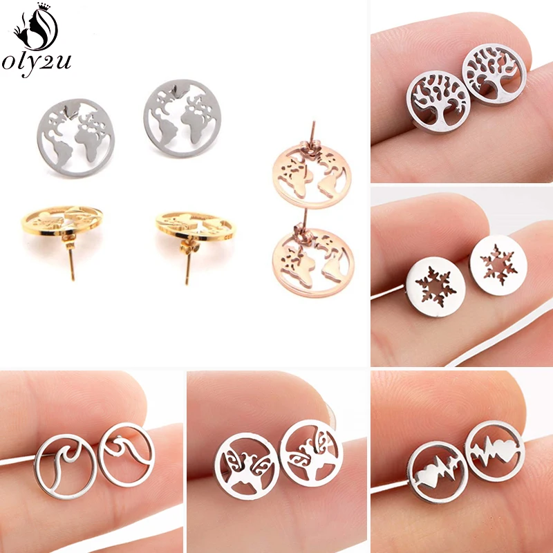 

Маленькие круглые серьги-гвоздики из нержавеющей стали для женщин и детей ювелирные изделия Модные волнистые снежинки с картой мира серьги