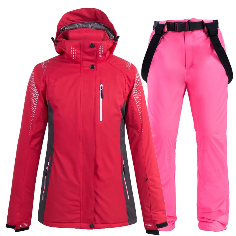 

30 kinds of pure red men's and women's snowflake clothes winter ski suit waterproof suit ski coat + snowskin pants