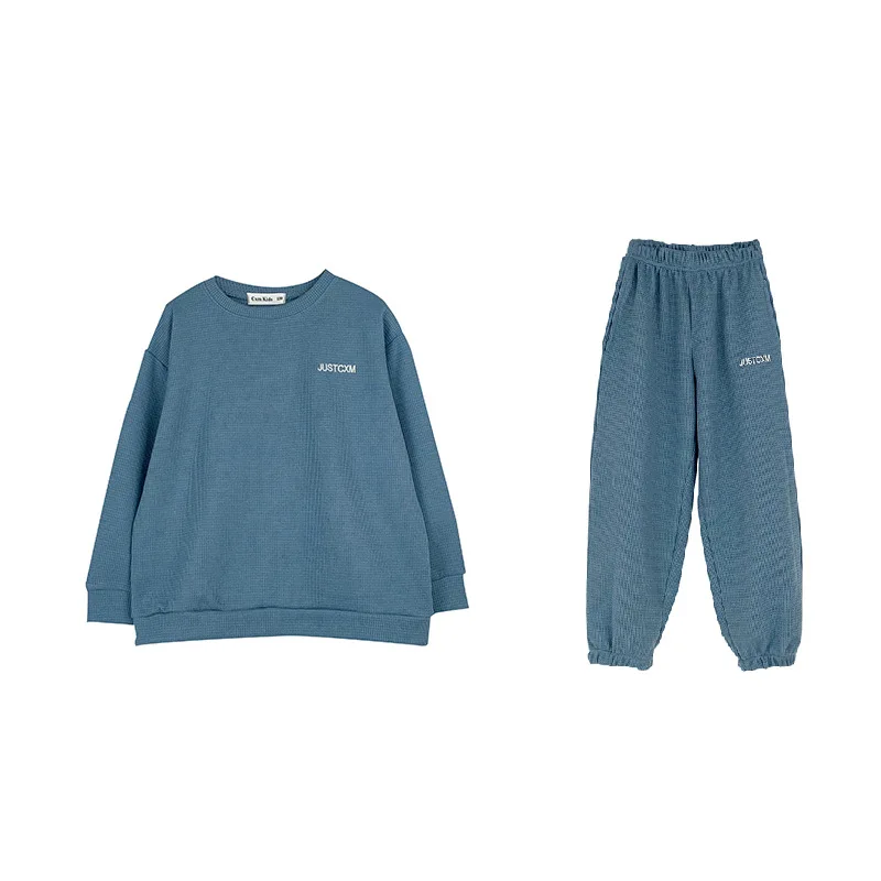 

Осень 2021 Детский Спортивный Повседневный вафельный свитер и брюки для детей средней школы костюм из двух предметов одежда для маленьких де...