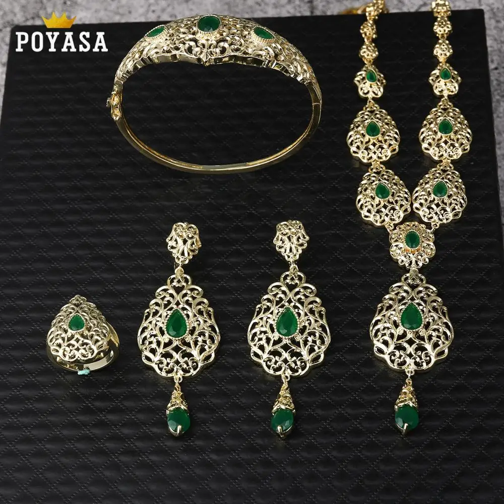 gold green Марокканский кафтан Свадебный Золотой набор украшений для женщин зеленый камень Модный комплект ювелирных изделий медь высокое качество комплект ювелирных изделий - Окраска металла: gold green