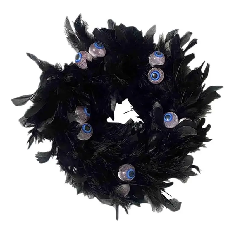 

Black Artificial Feather Wreath With Eye Decorative Wreath Pendant Door Hanger For Halloween Decoration For Home Party Supplies