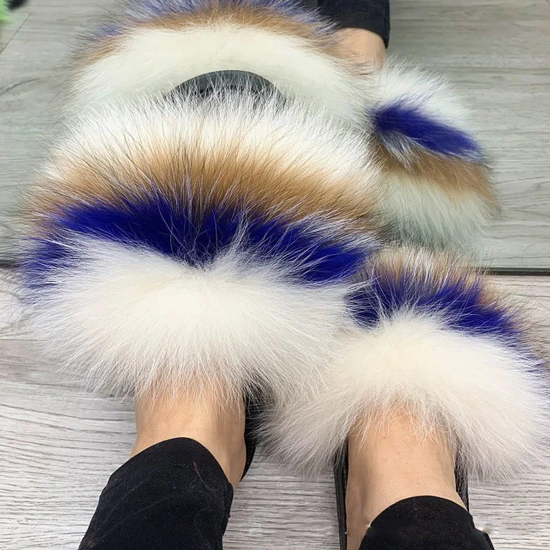 

2021 Women's Real Fox Fur Slippers Girl's Fluffy Slides Ladies Furry House Shoes Female Plush Indoor Flip Flops Large Size 35-45