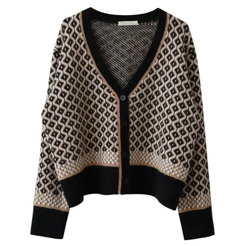 

2020 Vintage contrast knitted cardigan autumn and winter V-neck rhombic loose heavy Korean jacket