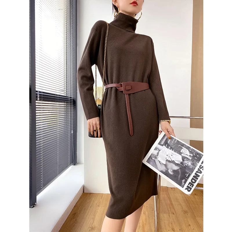 

TVVOVVIN Spring New Women Turtleneck Long Sleeve Simple Knee-length Dress Loose Solid Color Knitted Wear F143