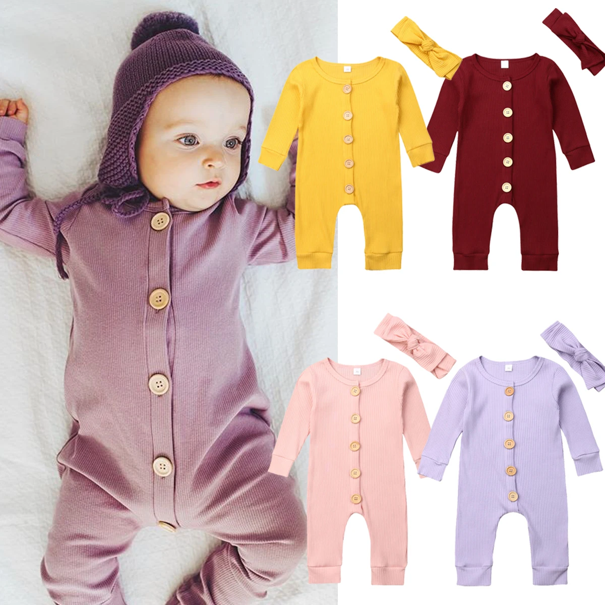 

Newborn Baby Rompers Knitted Long Sleeve Solid Jumpsuit Girl Boy Clothes Headband Autumn 2PCS Outfit Clothes