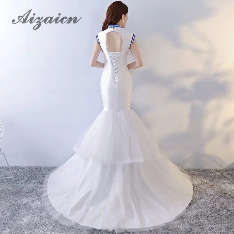 Белое синее фарфоровое Китайский традиционный свадебный платье Чонсам