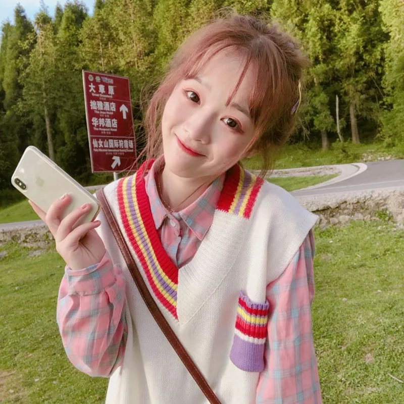 

Sweater Vest Women Panelled Knitted Pocket Autumn New Korean-style Student Loose Leisure Sweaters Fashion Chic Stylish Ins Daily