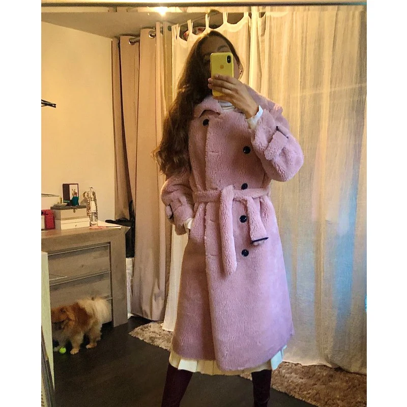 2022 BFFUR Long Woolen Jacket With Belt Real Fur Coat Turn Down Collar Women's Coats Natural Sheepskin Female Winter Outfit