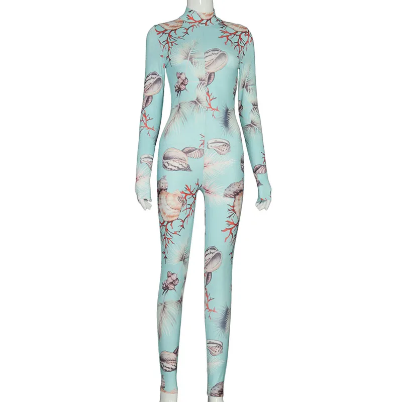 

Women Clothing 2020 Winter Blue Printing Elegant Long Jumpsuits Elastic Skinny Birthday Outfit For Lady's Umpsuit Classic Mujer