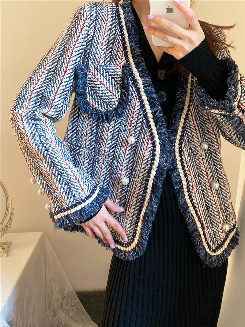 Осенняя длинная синяя твидовая куртка шикарная элегантная Весенняя с длинным