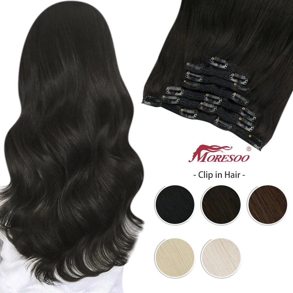 

Moresoo Human Hair Clip on Extension 7Pcs Machine Remy Hair Extensions Pure Color Full Head Natural Hair Hairpiece for Women